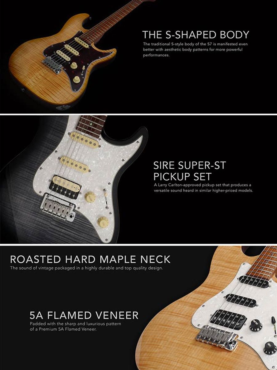 Sire S7FM/TBL Larry Carlton electric guitar S-style with flamed maple top transparent blue