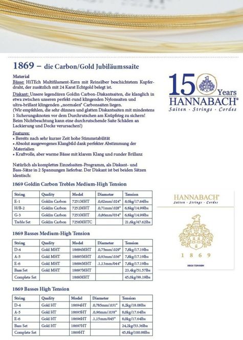 Hovedbilde Hannabach Strings for classic guitar Serie 1869 Carbon/Gold MHT Set MHT