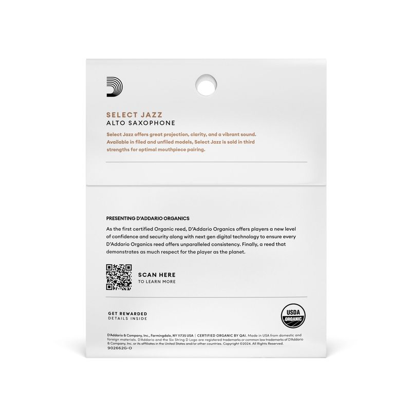 D'Addario ORRS03ASX2H Org. Select Jazz Un-Filed Alt-sax 3-p. 2H