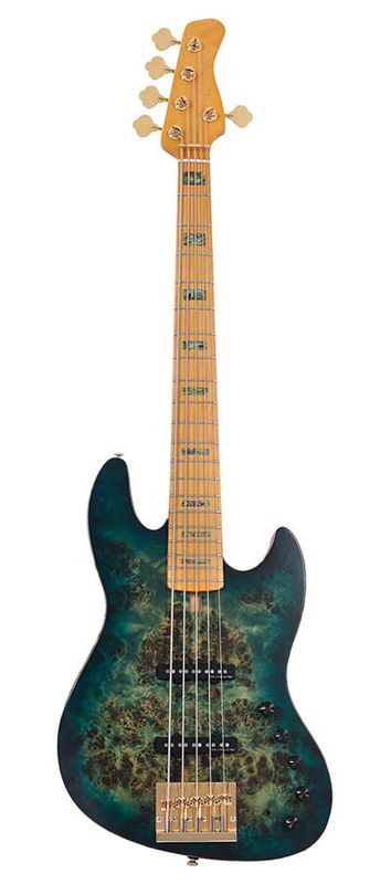 Sire V10 Series Marcus Miller swamp ash + poplar burl 5-string active bass guitar, transparent green satin, with hardcase
