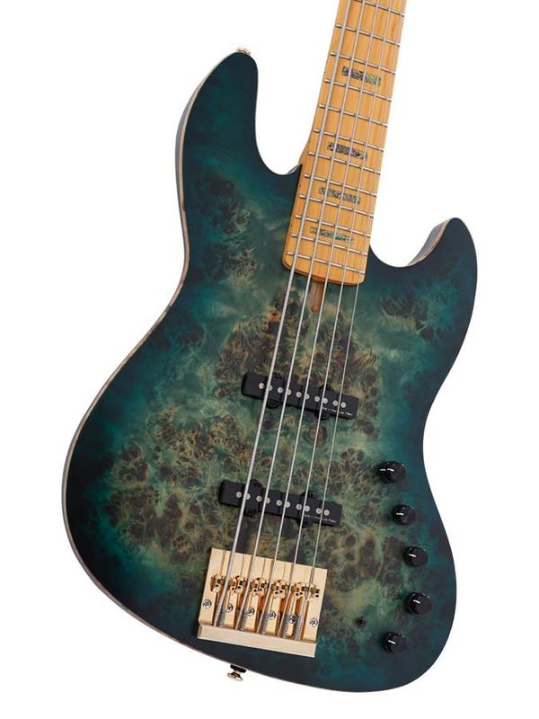 Sire V10 Series Marcus Miller swamp ash + poplar burl 5-string active bass guitar, transparent green satin, with hardcase