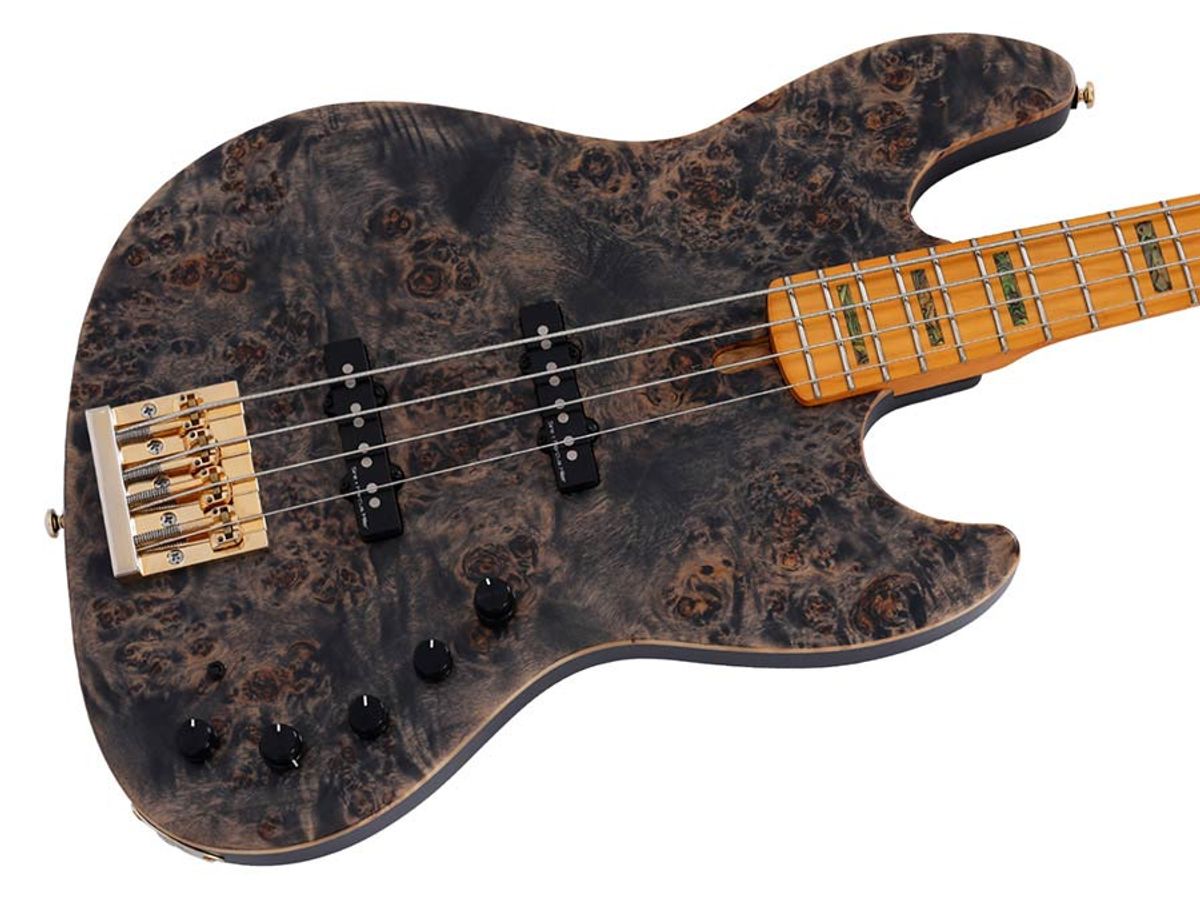 Sire V10 Series Marcus Miller swamp ash + poplar burl 4-string active bass guitar, transparent black satin, with hardcase