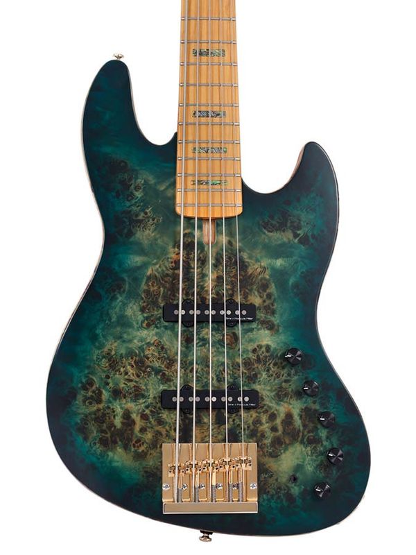 Sire V10 Series Marcus Miller swamp ash + poplar burl 5-string active bass guitar, transparent green satin, with hardcase