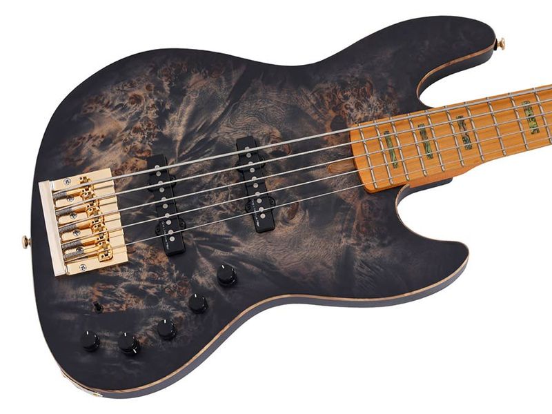 Sire V10 Series Marcus Miller swamp ash + poplar burl 5-string active bass guitar, transparent black satin, with hardcase