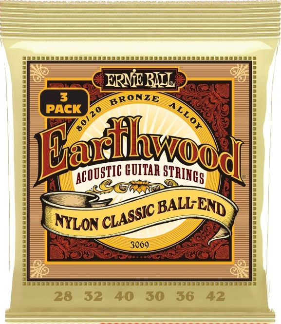 Hovedbilde Ernie Ball 3069 Folk Nylon Clear & Gold Ball End Strings 3-P