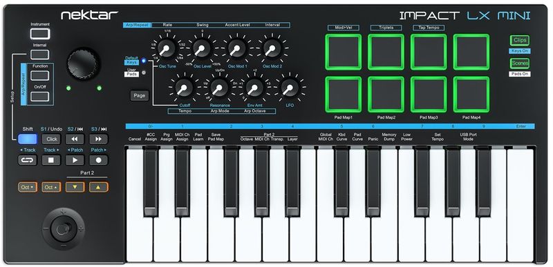 Nektar Impact LX Mini - MIDI keyboard, 25 velocity-sensitive mini keys, 8 pads, 8 knobs