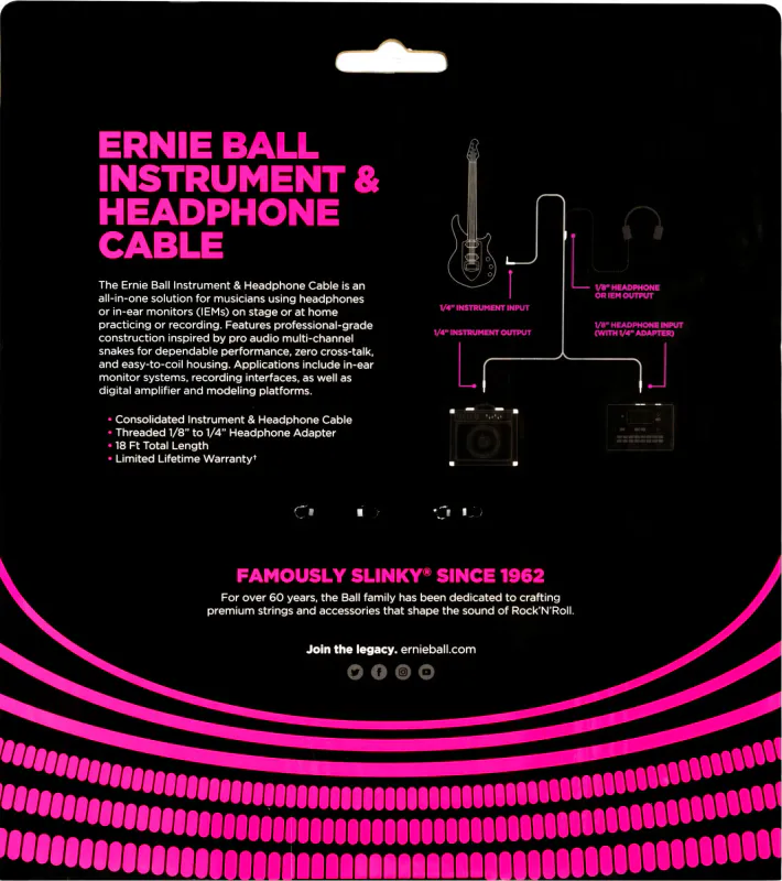Ernie Ball 6411 Instrument/Headphone Cable 5,4M.  Black